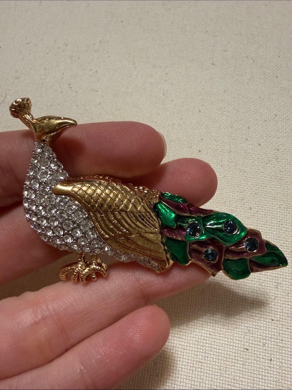 Vintage-Inspired LANDAU Peacock Rhinestone Brooch